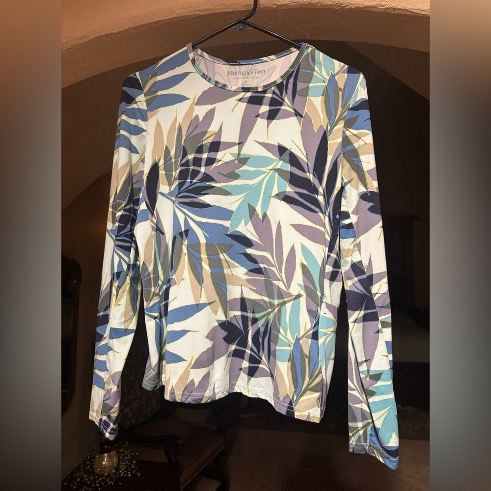 Hang Ten Women's Leaf Print Long Sleeve Blouse - Blue, Purple, Tan